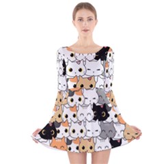 Cute-cat-kitten-cartoon-doodle-seamless-pattern Long Sleeve Velvet Skater Dress by Jancukart