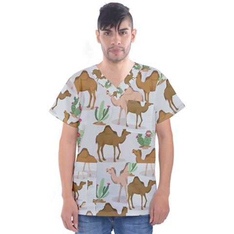 Camels-cactus-desert-pattern Men s V-neck Scrub Top by Jancukart