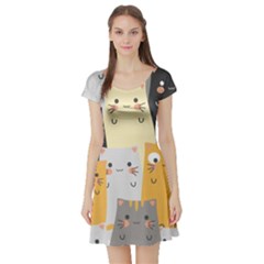 Seamless Pattern Cute Cat Cartoons Short Sleeve Skater Dress by Wegoenart