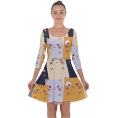 Seamless Pattern Cute Cat Cartoons Quarter Sleeve Skater Dress by Wegoenart