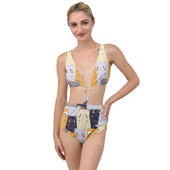 Seamless Pattern Cute Cat Cartoons Tied Up Two Piece Swimsuit by Wegoenart