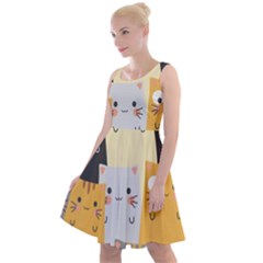 Seamless Pattern Cute Cat Cartoons Knee Length Skater Dress by Wegoenart