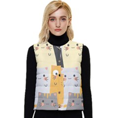 Seamless Pattern Cute Cat Cartoons Women s Short Button Up Puffer Vest by Wegoenart