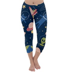 Seamless Pattern With Funny Alien Cat Galaxy Capri Winter Leggings  by Wegoenart