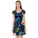 Seamless Pattern With Funny Alien Cat Galaxy Short Sleeve Skater Dress View1