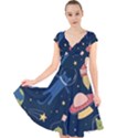 Seamless Pattern With Funny Alien Cat Galaxy Cap Sleeve Front Wrap Midi Dress View1