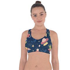 Seamless Pattern With Funny Alien Cat Galaxy Cross String Back Sports Bra by Wegoenart