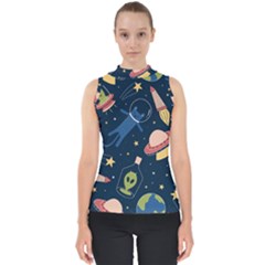 Seamless Pattern With Funny Alien Cat Galaxy Mock Neck Shell Top by Wegoenart