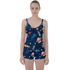 Seamless Pattern With Funny Alien Cat Galaxy Tie Front Two Piece Tankini by Wegoenart