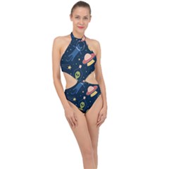 Seamless Pattern With Funny Alien Cat Galaxy Halter Side Cut Swimsuit by Wegoenart