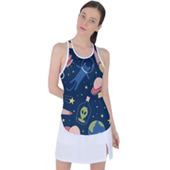 Seamless Pattern With Funny Alien Cat Galaxy Racer Back Mesh Tank Top by Wegoenart