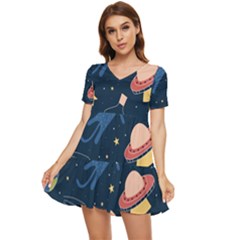 Seamless Pattern With Funny Alien Cat Galaxy Tiered Short Sleeve Babydoll Dress by Wegoenart