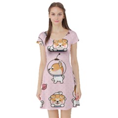 Set Kawaii Smile Japanese Dog Cartoon Short Sleeve Skater Dress by Wegoenart