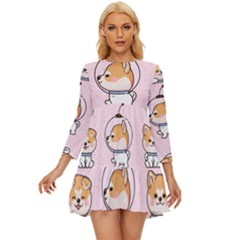 Set Kawaii Smile Japanese Dog Cartoon Long Sleeve Babydoll Dress by Wegoenart