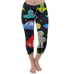 Seamless Pattern With Space Object Ufo Rocket Alien Hand Drawn Element Space Capri Winter Leggings  by Wegoenart