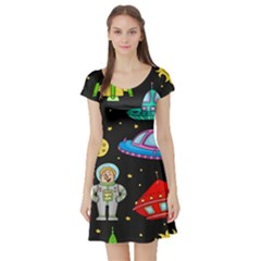 Seamless Pattern With Space Object Ufo Rocket Alien Hand Drawn Element Space Short Sleeve Skater Dress by Wegoenart