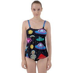 Seamless Pattern With Space Object Ufo Rocket Alien Hand Drawn Element Space Twist Front Tankini Set by Wegoenart