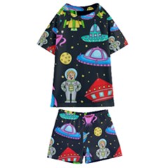 Seamless Pattern With Space Object Ufo Rocket Alien Hand Drawn Element Space Kids  Swim Tee And Shorts Set by Wegoenart