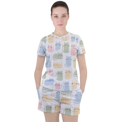 Cute-cat-colorful-cartoon-doodle-seamless-pattern Women s Tee And Shorts Set by Wegoenart