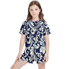 Blue Floral Tribal Kids  Tee And Sports Shorts Set by ConteMonfrey