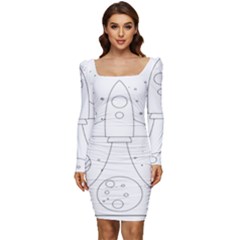 Going To Space - Cute Starship Doodle  Women Long Sleeve Ruched Stretch Jersey Dress by ConteMonfrey