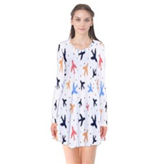 Sky Birds - Airplanes Long Sleeve V-neck Flare Dress by ConteMonfrey