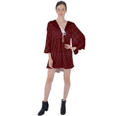 Diagonal Dark Red Small Plaids Geometric  V-neck Flare Sleeve Mini Dress by ConteMonfrey