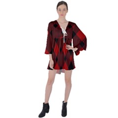 Red Diagonal Plaid Big V-neck Flare Sleeve Mini Dress by ConteMonfrey