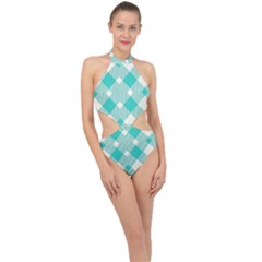 Diagonal Blue Torquoise Halter Side Cut Swimsuit by ConteMonfrey