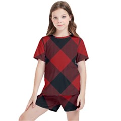 Black And Dark Red Plaids Kids  Tee And Sports Shorts Set by ConteMonfrey