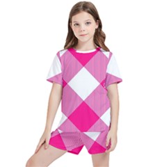 Pink And White Diagonal Plaids Kids  Tee And Sports Shorts Set by ConteMonfrey