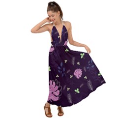 Monstera Leaves Plant Tropical Nature Backless Maxi Beach Dress by Ravend