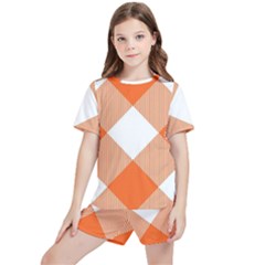 Orange And White Diagonal Plaids Kids  Tee And Sports Shorts Set by ConteMonfrey