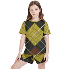 Modern Yellow Golden Plaid Kids  Tee And Sports Shorts Set by ConteMonfrey