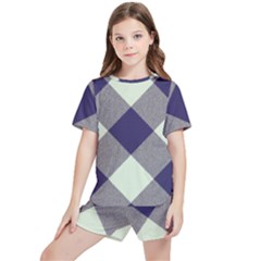 Dark Blue And White Diagonal Plaids Kids  Tee And Sports Shorts Set by ConteMonfrey