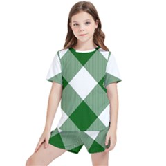 Green And White Diagonal Plaids Kids  Tee And Sports Shorts Set by ConteMonfrey