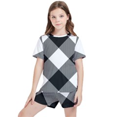 Black And White Diagonal Plaids Kids  Tee And Sports Shorts Set by ConteMonfrey