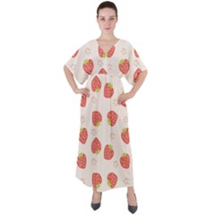 Strawberries Pattern Design V-neck Boho Style Maxi Dress by Wegoenart