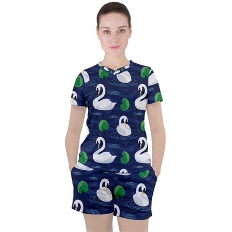 Swan Pattern Elegant Design Women s Tee And Shorts Set by Wegoenart