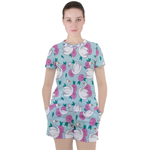 Classy Swan Pattern Women s Tee And Shorts Set by Wegoenart