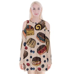 Seamless Pattern With Sweet Cakes Berries Velvet Long Sleeve Shoulder Cutout Dress by Wegoenart