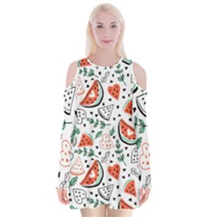 Seamless-vector-pattern-with-watermelons-mint Velvet Long Sleeve Shoulder Cutout Dress by Wegoenart