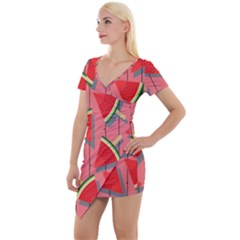 Red Watermelon Popsicle Short Sleeve Asymmetric Mini Dress by ConteMonfrey