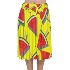 Yellow Watermelon Popsicle  Velvet Flared Midi Skirt by ConteMonfrey