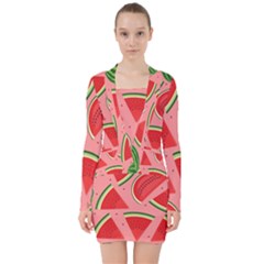 Red Watermelon  V-neck Bodycon Long Sleeve Dress by ConteMonfrey