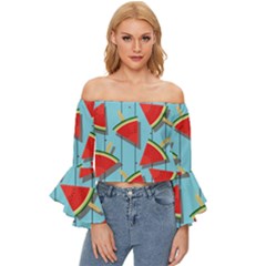 Blue Watermelon Popsicle  Off Shoulder Flutter Bell Sleeve Top by ConteMonfrey