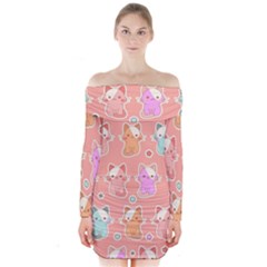 Cute Kawaii Kittens Seamless Pattern Long Sleeve Off Shoulder Dress by Wegoenart