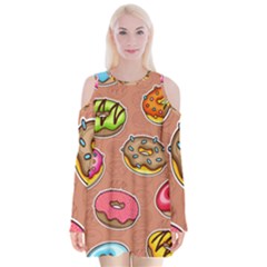 Doughnut Doodle Colorful Seamless Pattern Velvet Long Sleeve Shoulder Cutout Dress by Wegoenart