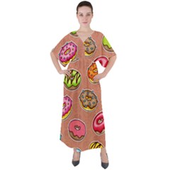 Doughnut Doodle Colorful Seamless Pattern V-neck Boho Style Maxi Dress by Wegoenart