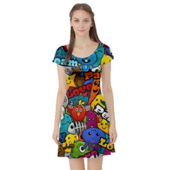 Graffiti Characters Seamless Pattern Short Sleeve Skater Dress by Wegoenart